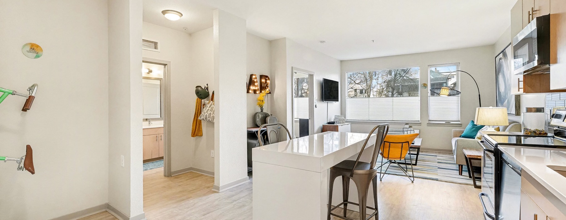 a kitchen with a dining table