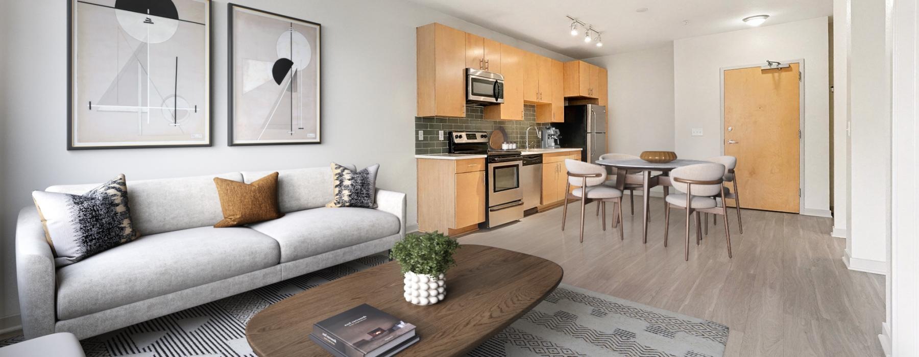 a living room with a couch and a table