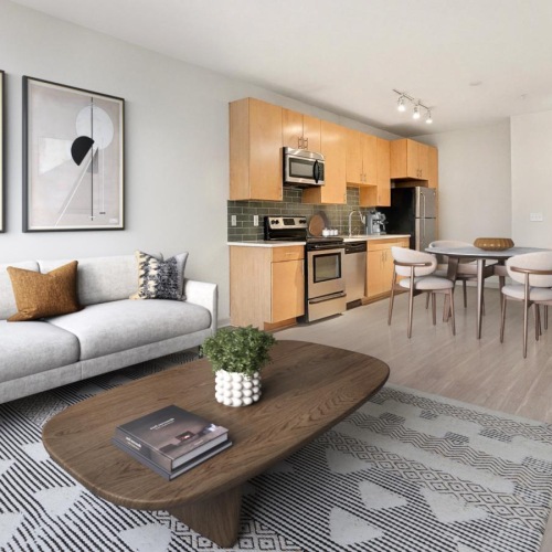 a living room with a couch and a table